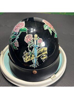 Lady Rider Black Motorcycle Helmet With Pink Rose Graphics & DOT Approved